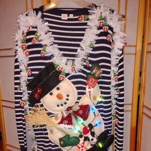 Festive Striped Snowman Ugly Christmas Sweater Lights M